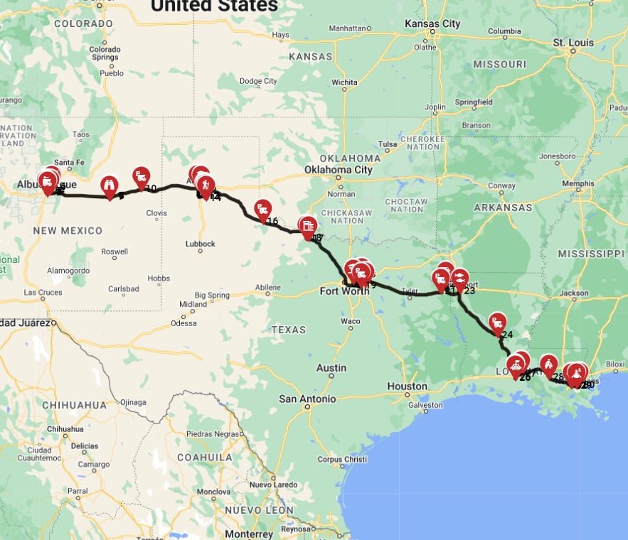 Map for Albuquerque to New Orleans